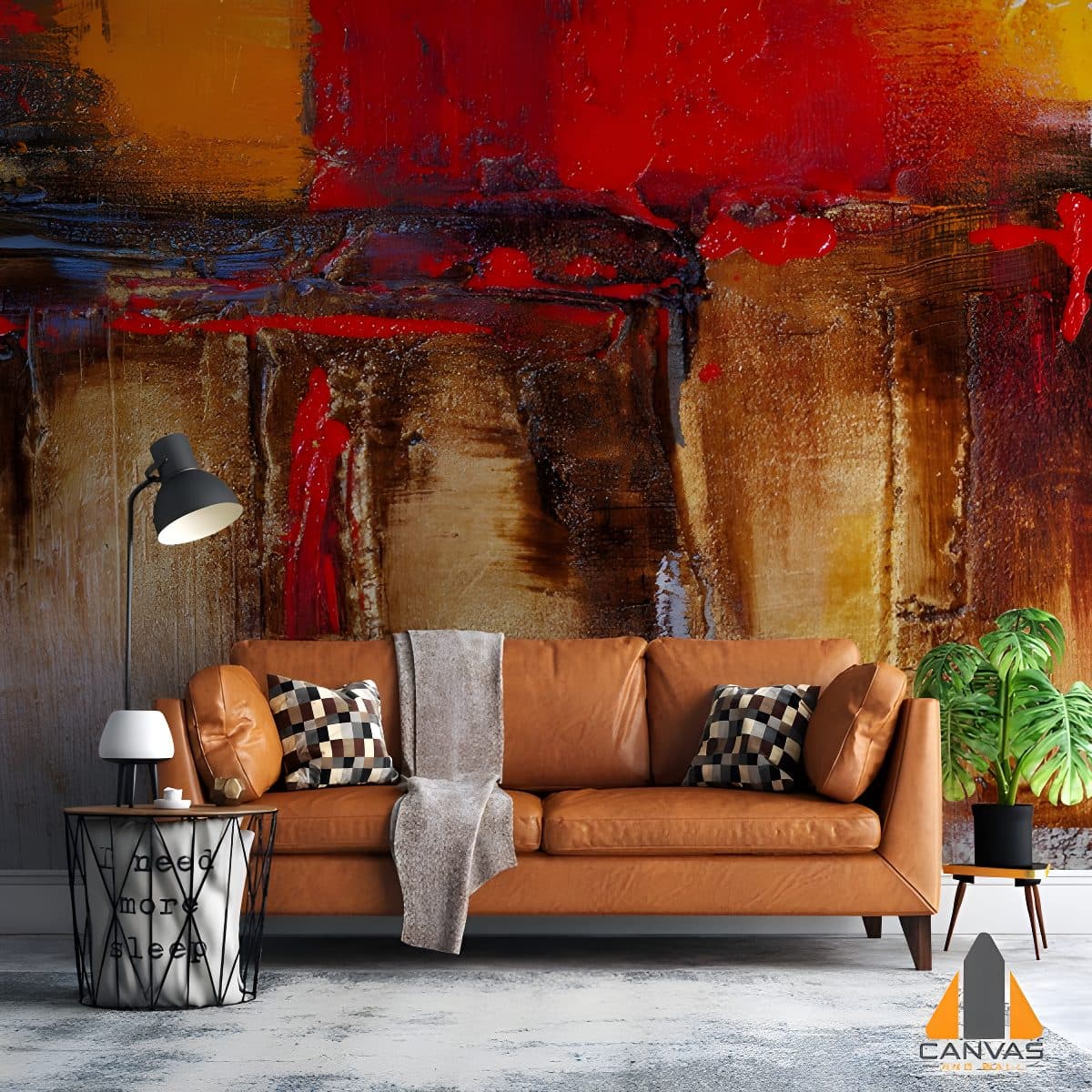 Red Gold Black Abstract Acrylic Canvas Painting wall mural in a modern living room with a brown sofa.