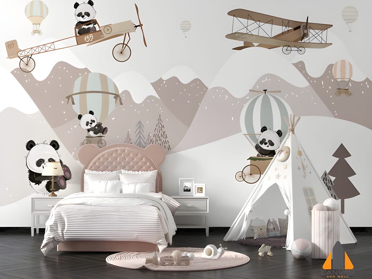 Playful panda and airplane wall mural in a child's bedroom, perfect for wallpaper installations in Gauteng.