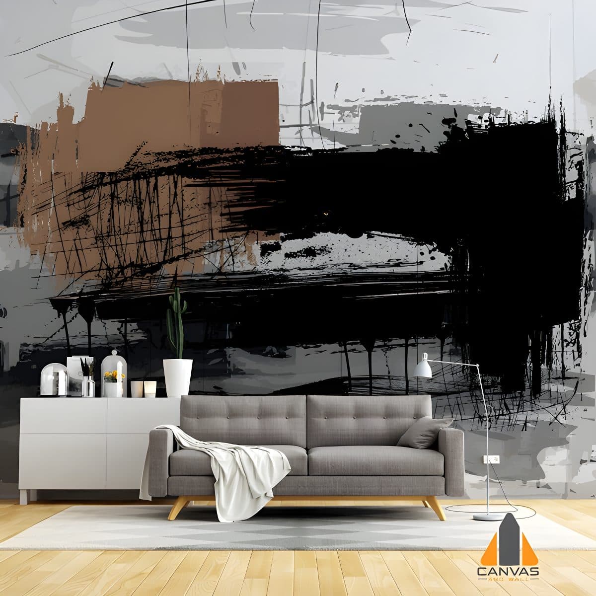 Abstract brushstroke wall mural in a modern living room, perfect for wallpaper installations in Gauteng.