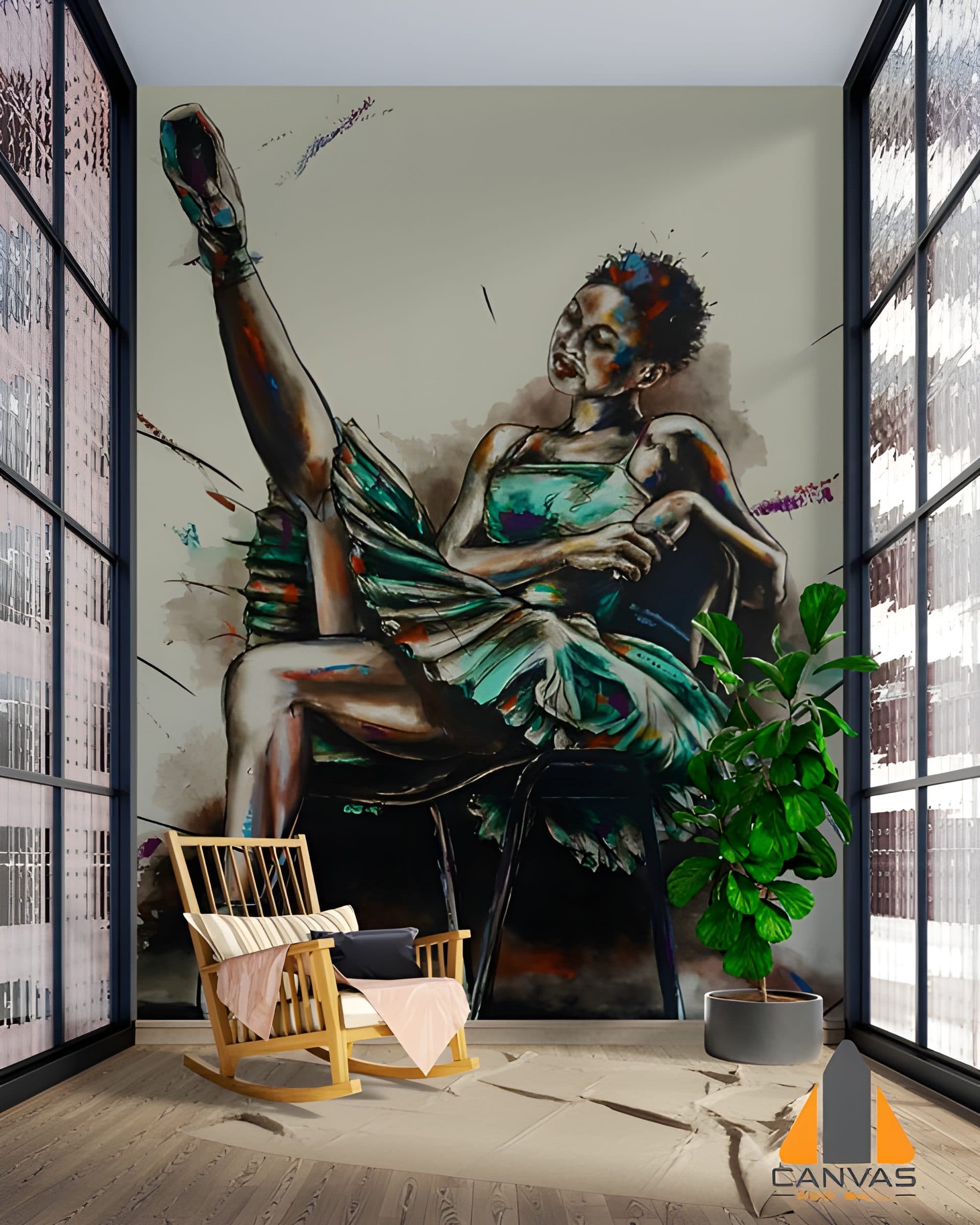 Vibrant ballerina wall mural in a modern living room setting, ideal for wallpaper installations in Gauteng.