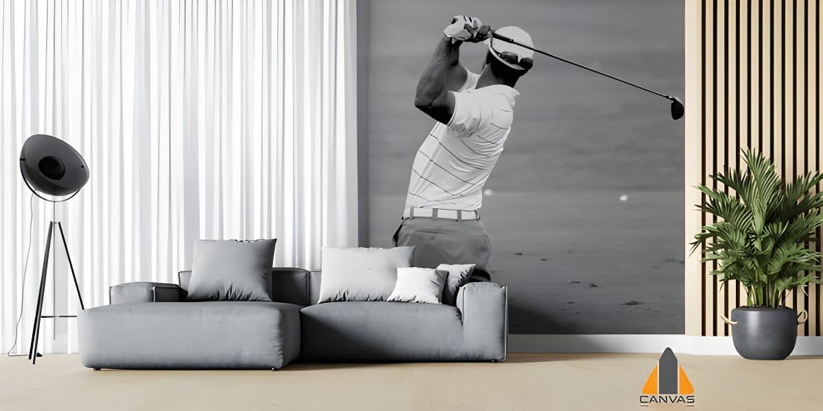 Golfer Tiger Woods wall mural in a modern living room, expertly installed in Gauteng.