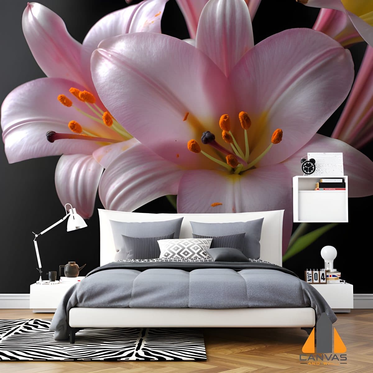 Pink lily flower wall mural in a modern bedroom with a white bed and striped rug, perfect for custom wallpaper.