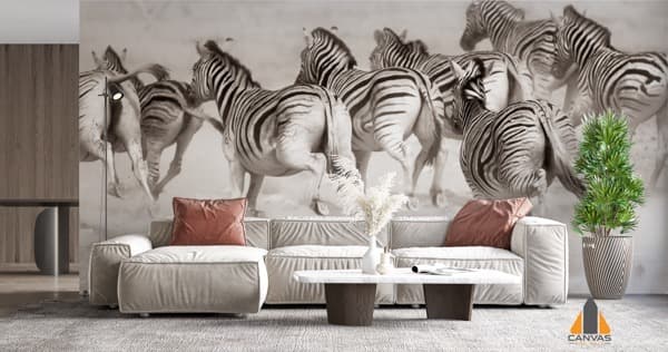 Zebra stampede wall mural in a modern living room for wallpaper installations in Gauteng.