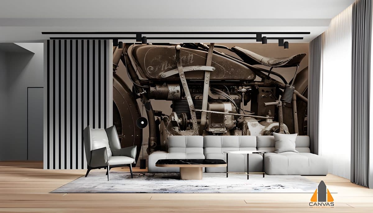 Retro motorcycle wall mural in a modern living room, perfect for wallpaper installations in Gauteng.