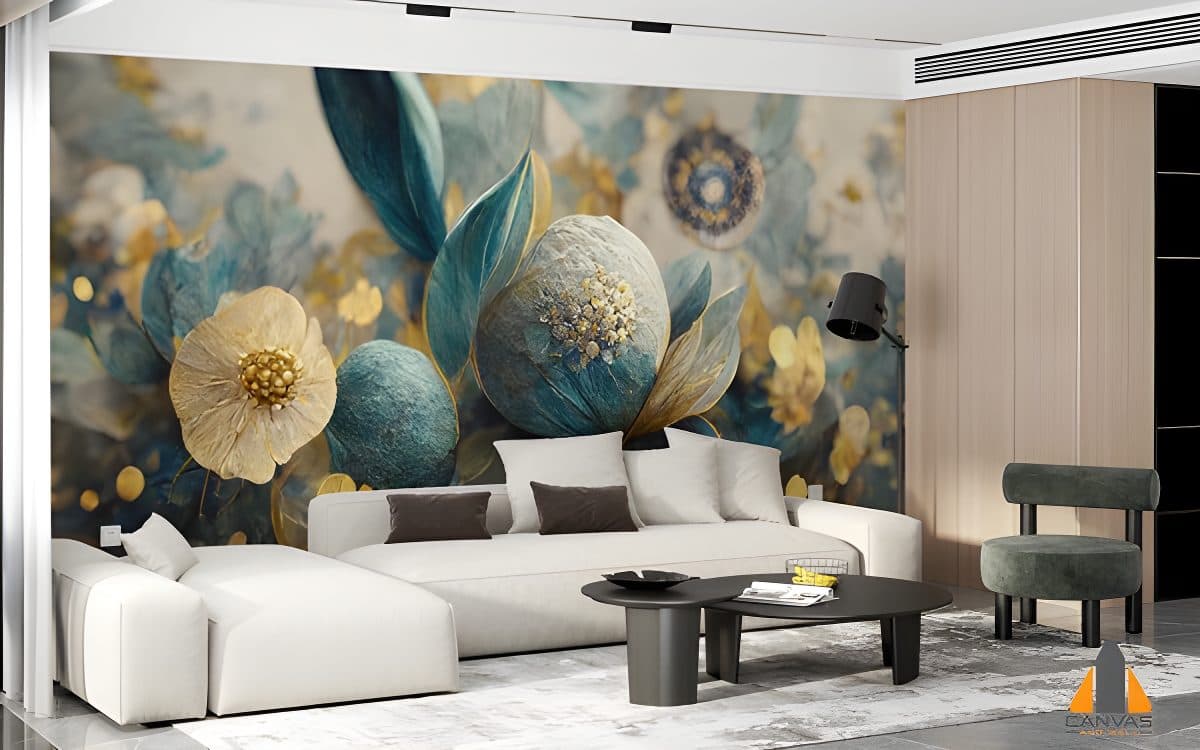 Floral gold and blue wall mural in a modern living room, perfect for wallpaper installations in Gauteng.