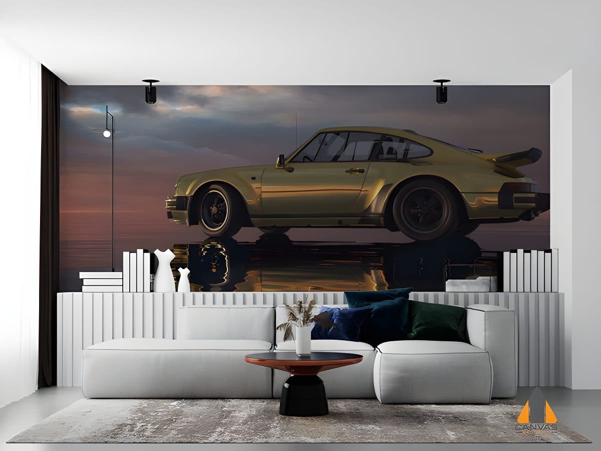 Gold Porsche wall mural in a modern living room, perfect for wallpaper installations in Gauteng.
