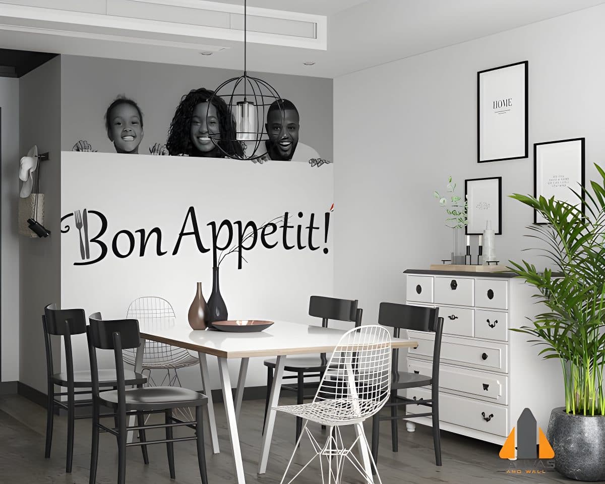 Family above a "Bon Appetit!" wall mural in a modern dining room setting.