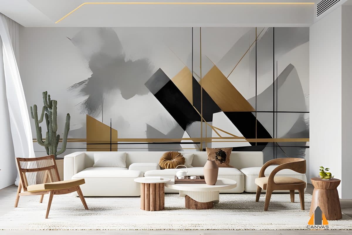 Abstract geometric wall mural in a modern living room, perfect for wallpaper installations Johannesburg.