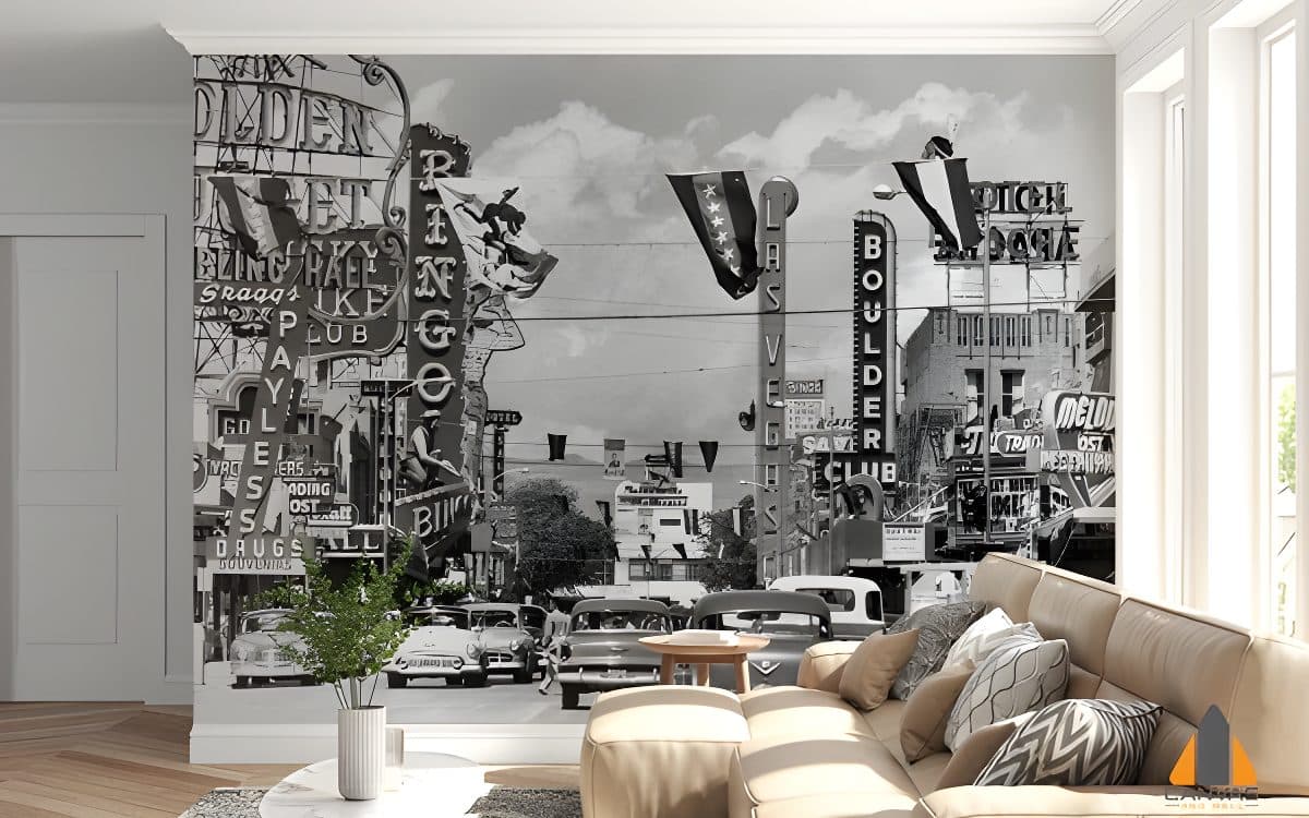 Vintage Vegas wall mural in a modern living room, perfect for wallpaper installations Johannesburg.