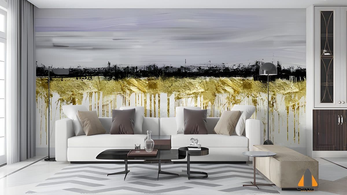 Abstract gold and black wallpaper mural in a modern living room setting, ideal for wallpaper installations in Gauteng.