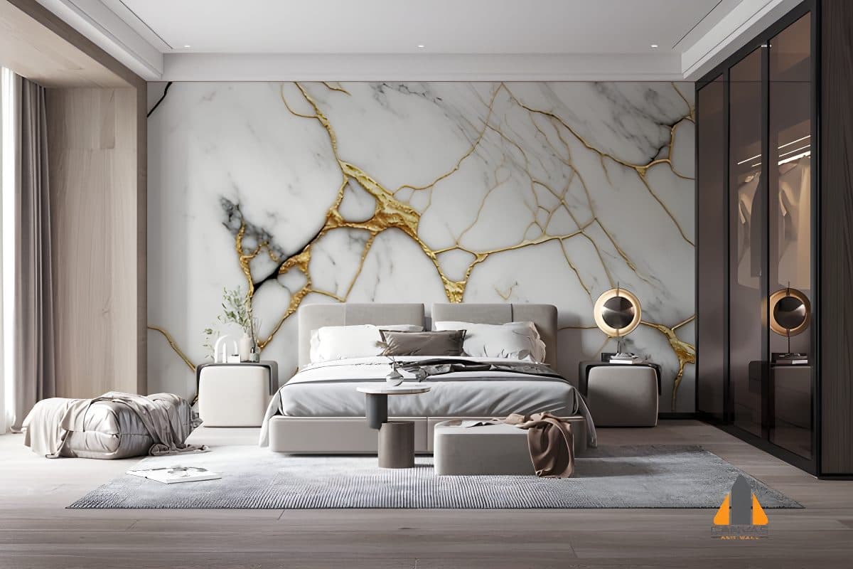 White marble with gold vein wall mural behind bed in a modern bedroom, available for wallpaper installations in Gauteng.