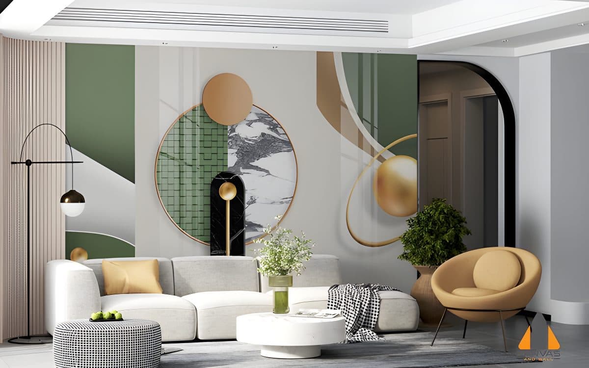Modern living room with green and gold abstract wall mural, perfect for wallpaper installations in Gauteng.