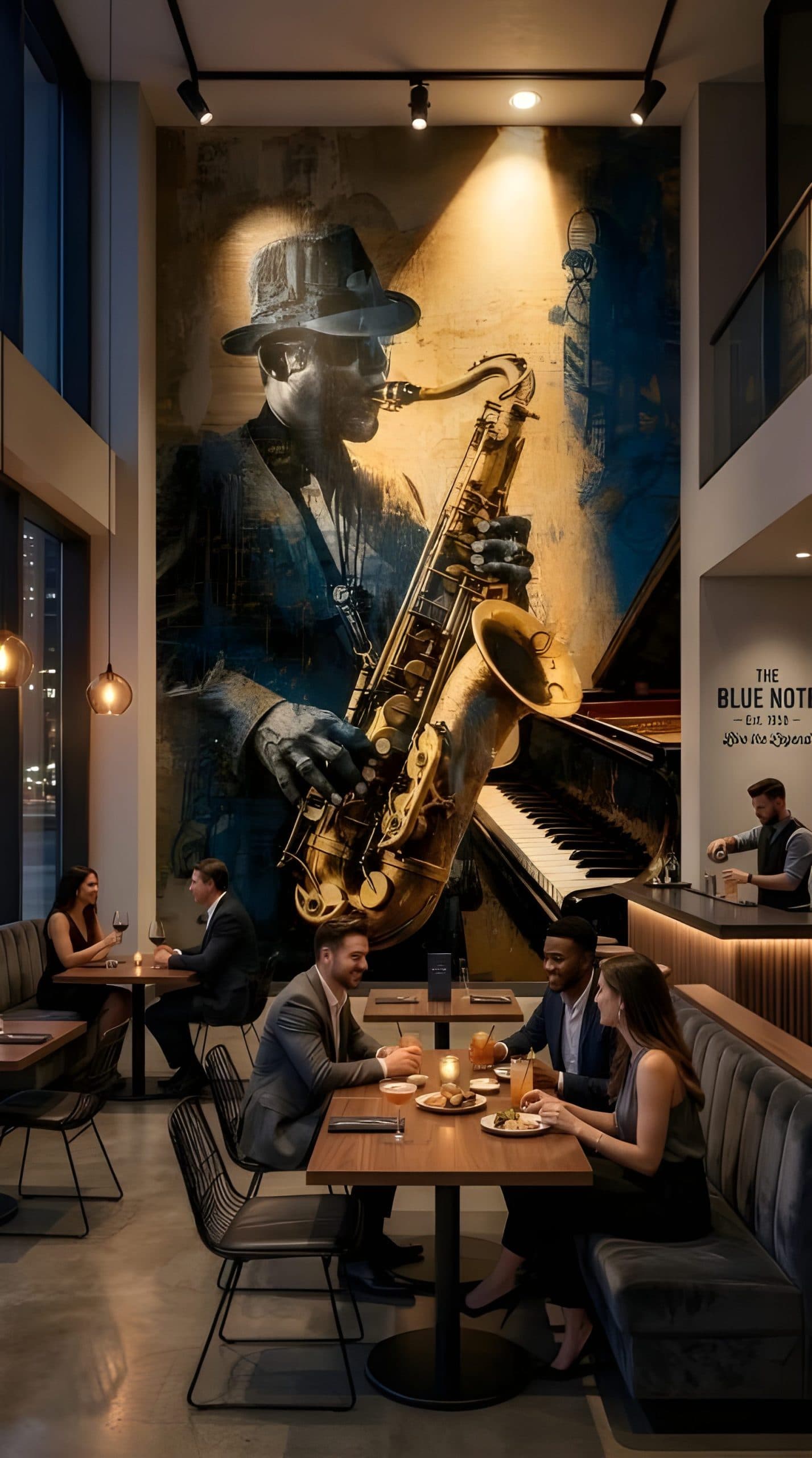 Jazz musician wall mural in a restaurant with people dining, showcasing custom wallpaper installations.