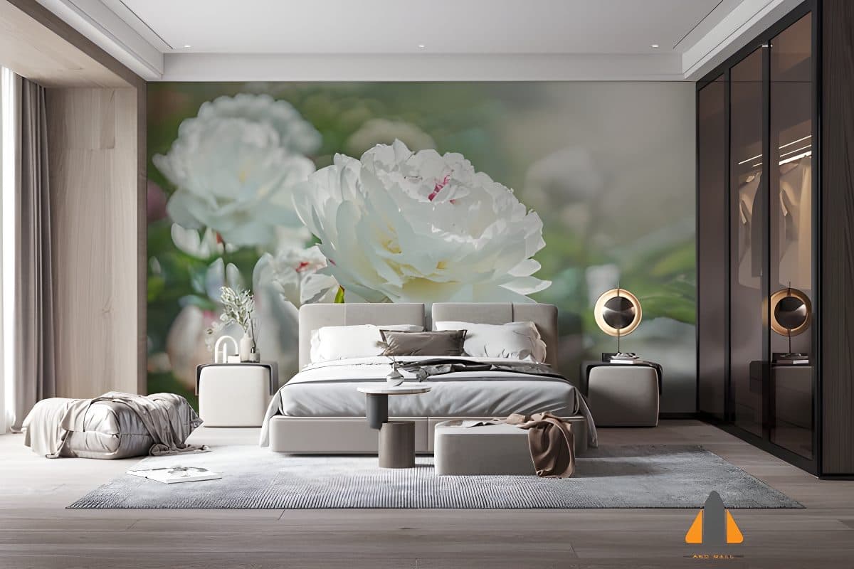 Bedroom with a large white peony wall mural behind the bed for custom wallpaper installation.