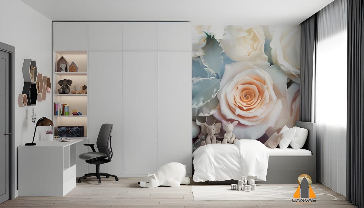 Rose Floral wall mural in a child's bedroom, with a bed, desk, and storage cupboards.
