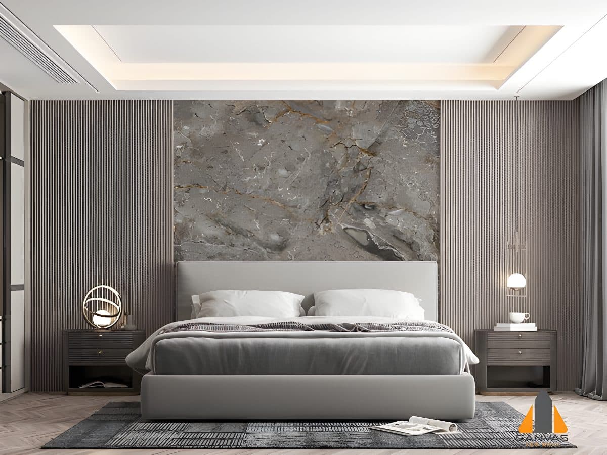 Bedroom with a large grey marble-look wall mural above the bed, featuring gold veins. Ideal for wallpaper installations.