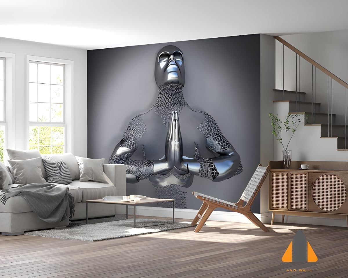 Metallic praying figure wall mural in a modern living room, perfect for wallpaper installations in Gauteng.