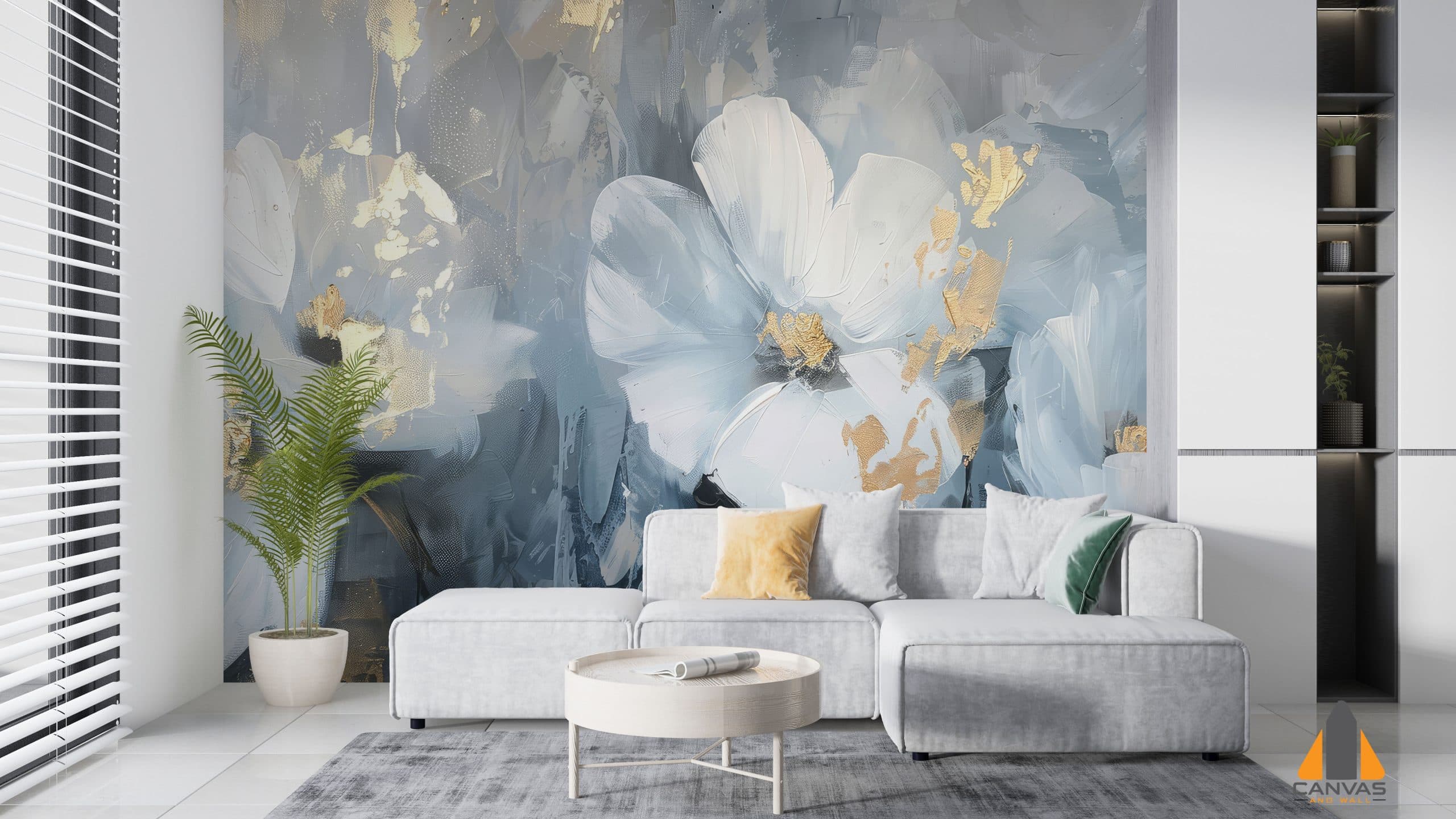 Floral abstract wall mural in a modern living room with a white sofa. Perfect for wallpaper installations Gauteng.