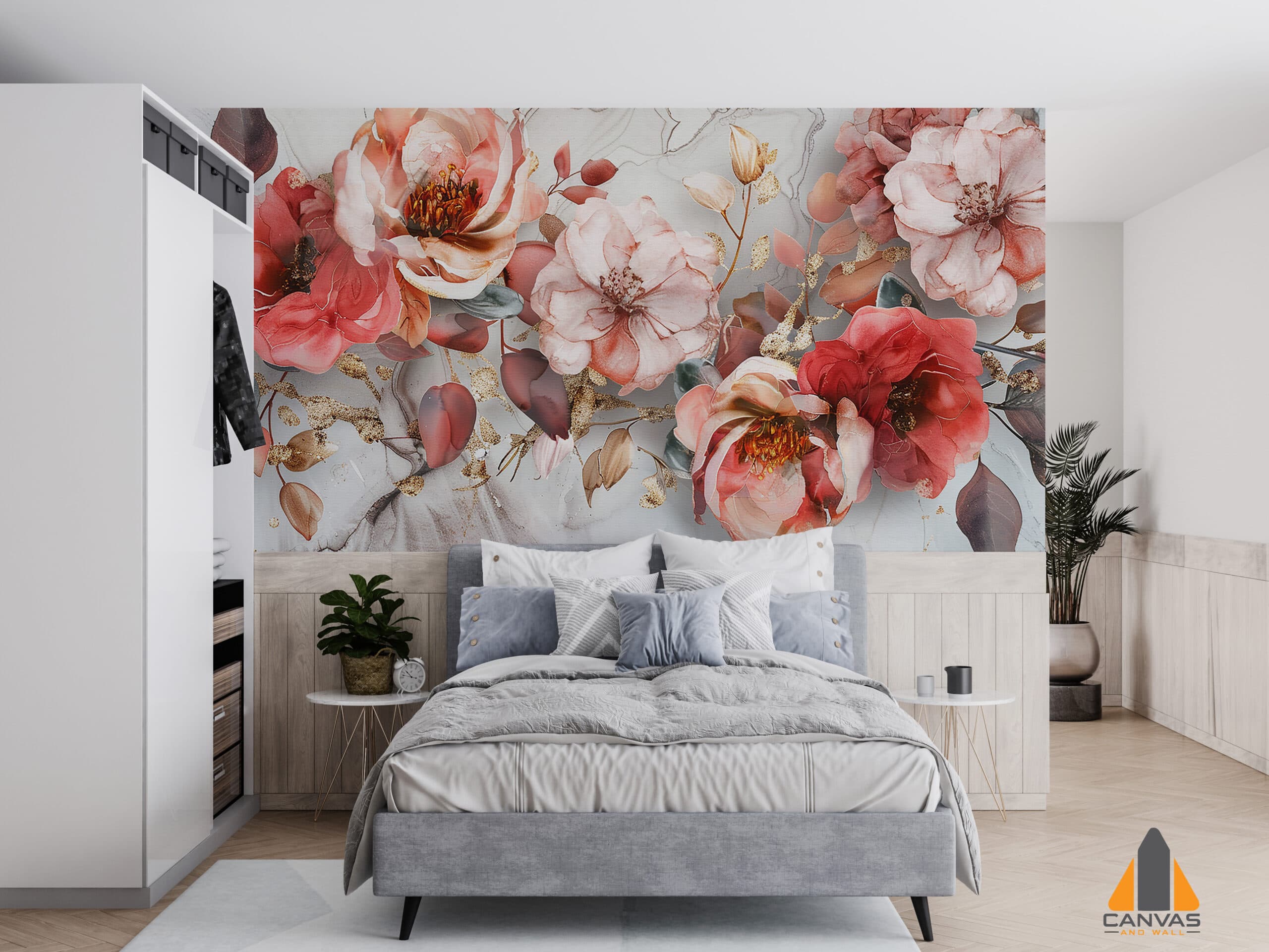 Vibrant watercolor floral wall mural in a serene bedroom with a grey bed, ideal for wallpaper installations in Gauteng.