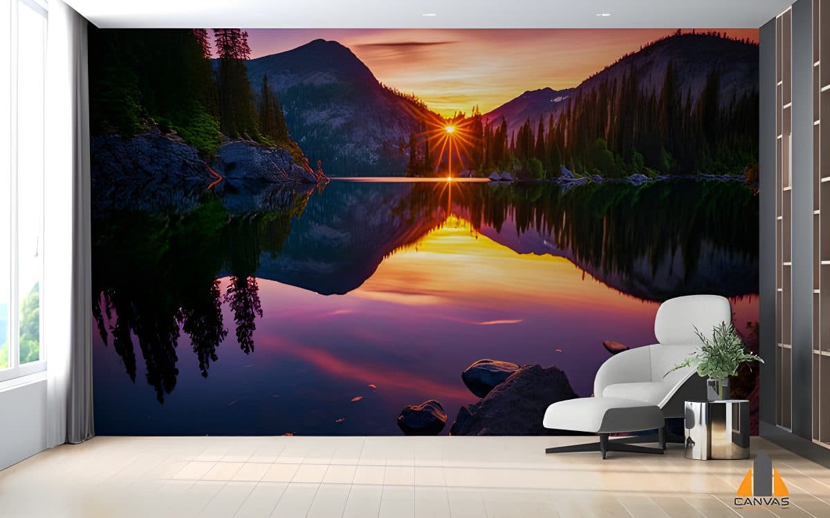 Sunset over mountain lake wall mural in a modern living room, perfect for wallpaper installations Johannesburg.