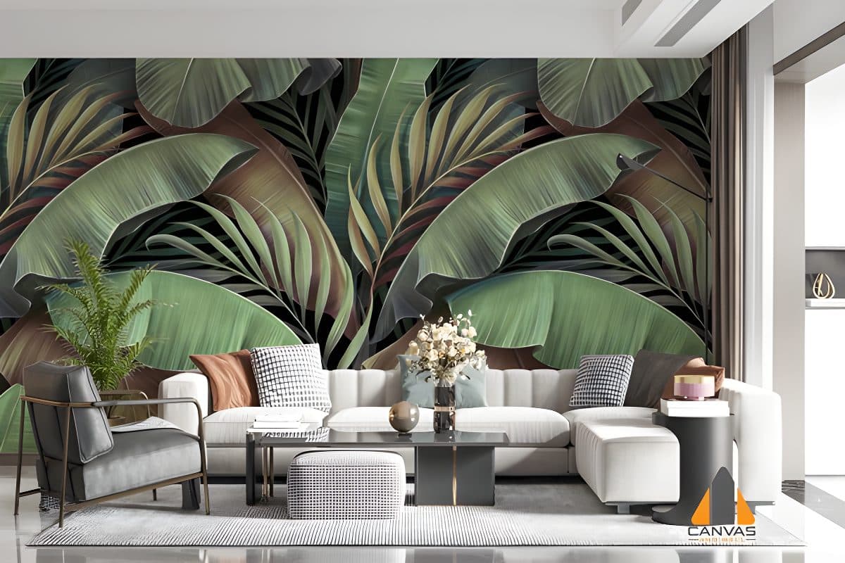 Tropical palm leaf wall mural in a modern living room, perfect for wallpaper installations in Gauteng