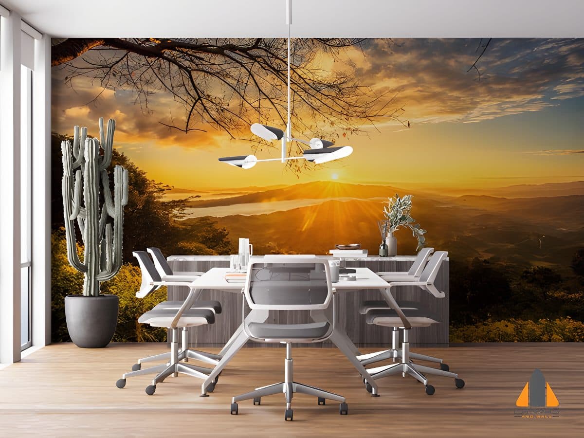 Vibrant sunrise wall mural over mountains in a modern office, ideal for wallpaper installations in Gauteng.