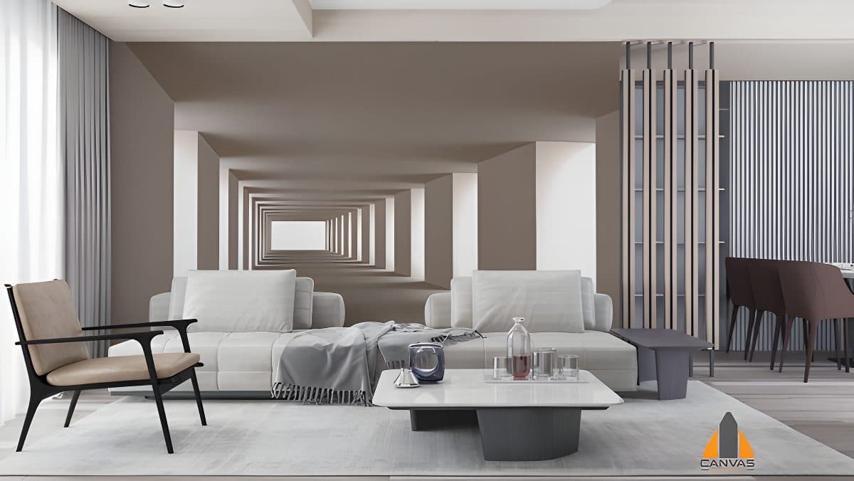 Long optical illusion wall mural in a modern living room with light furniture