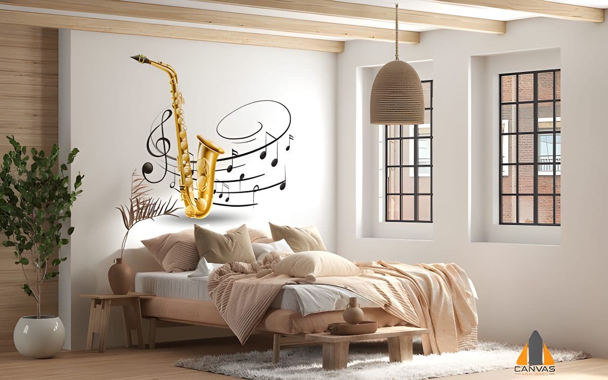 Golden saxophone with music notes wall mural in a bright bedroom, perfect for wallpaper installations in Gauteng.