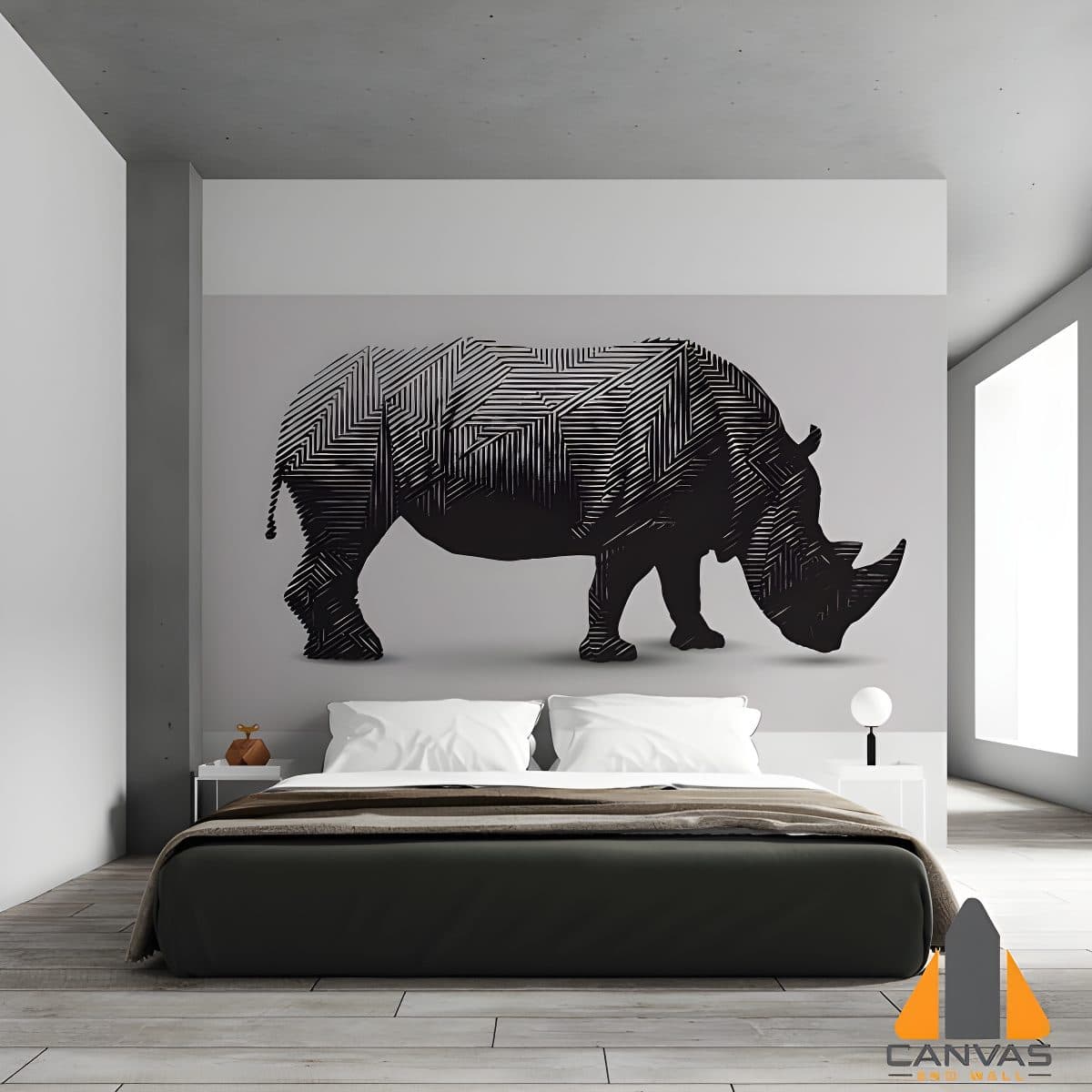Stylish rhino wall mural in a modern minimalist bedroom, ideal for wallpaper installations in Gauteng.