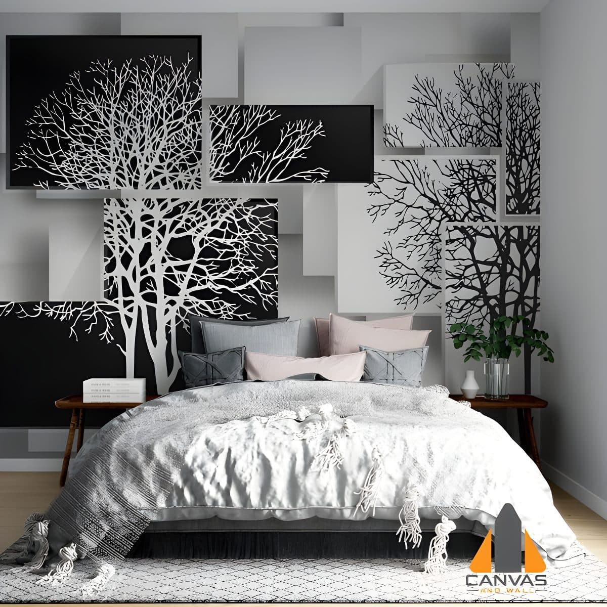 Monochromatic tree 3D illustration wall mural in a bedroom, with wallpaper installations in Gauteng.
