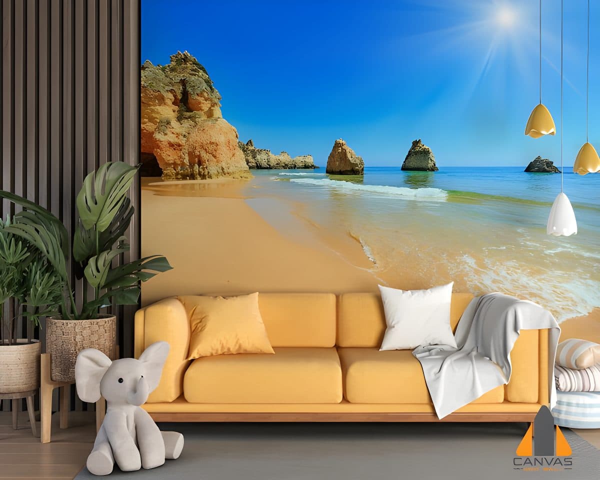 Sunny sandy beach wall mural in a modern living room, perfect for wallpaper installations Johannesburg.