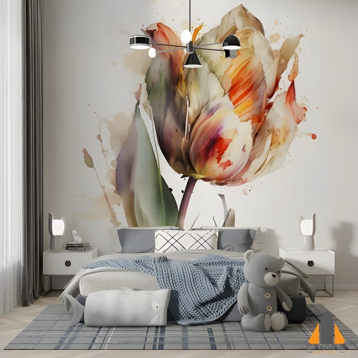 Large floral wall mural in a child's bedroom, with an abstract watercolor flower design.