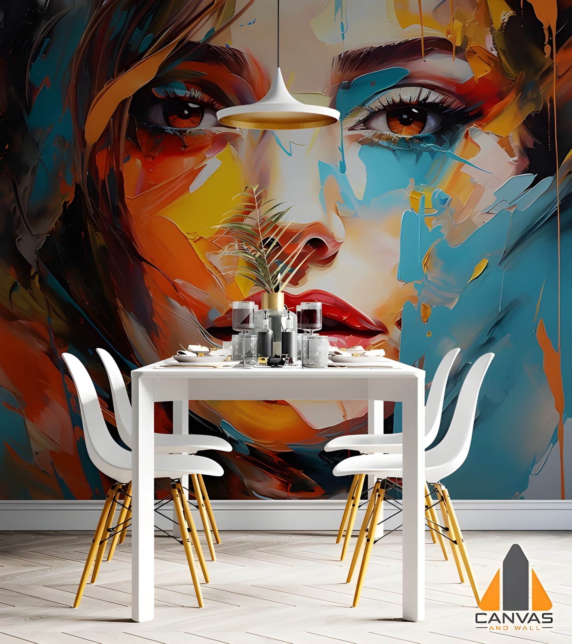 Vibrant abstract woman's face wall mural in a modern dining room, ideal for a custom wallpaper installation.