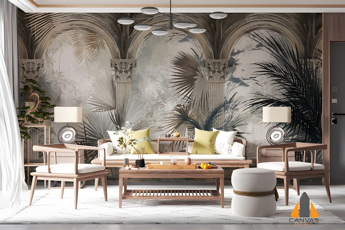 Arched botanical wall mural in a modern living room setting, ideal for wallpaper installations in Gauteng.