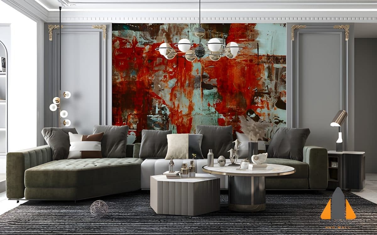 Steve Johnson Abstract red wall mural in a luxurious living room, perfect for wallpaper installations Gauteng.