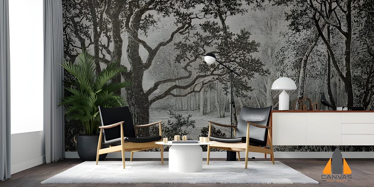 Vintage forest scene wall mural in a modern living room, expertly installed via wallpaper installations in Gauteng.