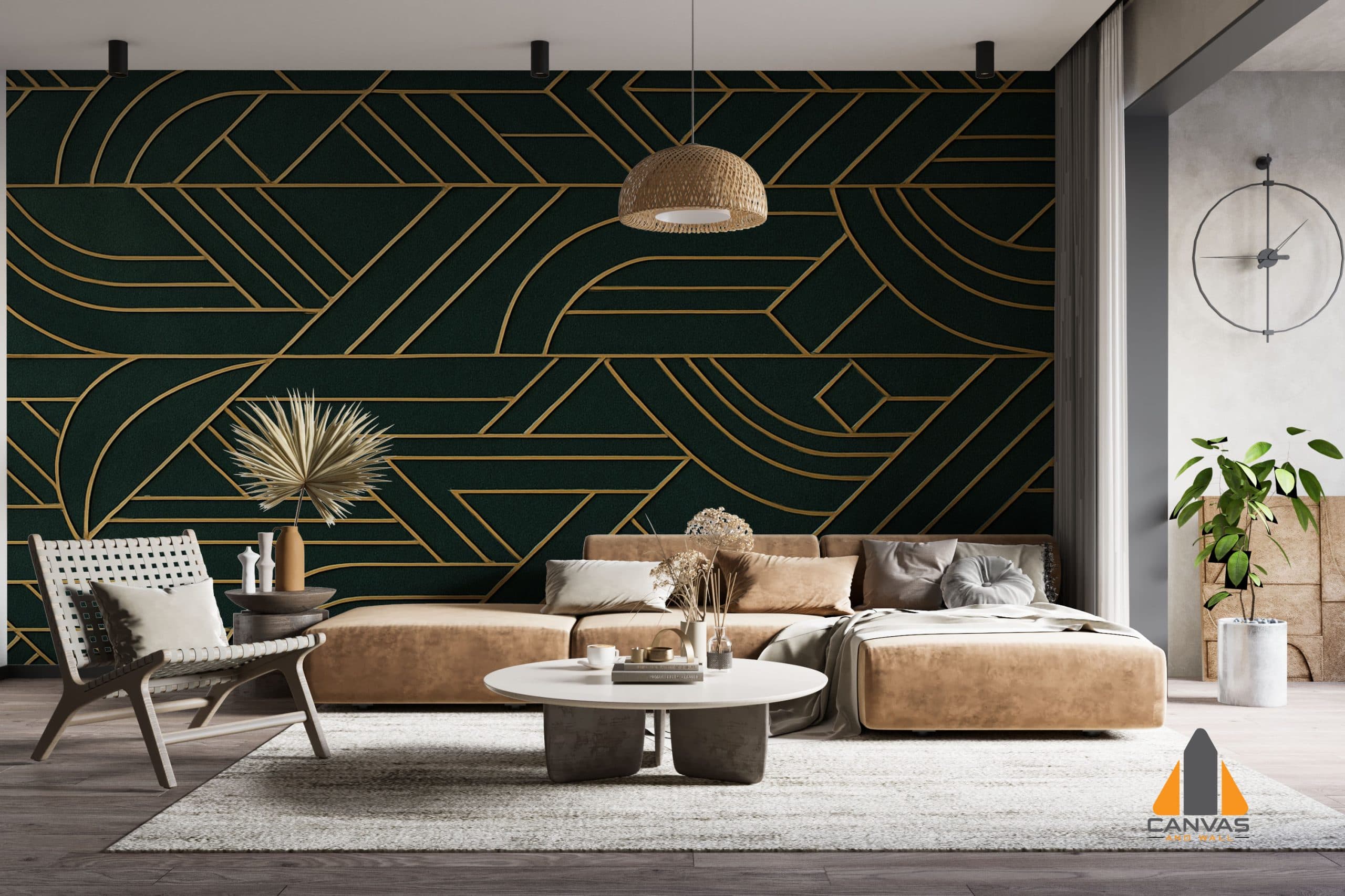 Geometric Patterns wallpaper in a stylish living room with a beige sofa, perfect for wallpaper installations in Gauteng.
