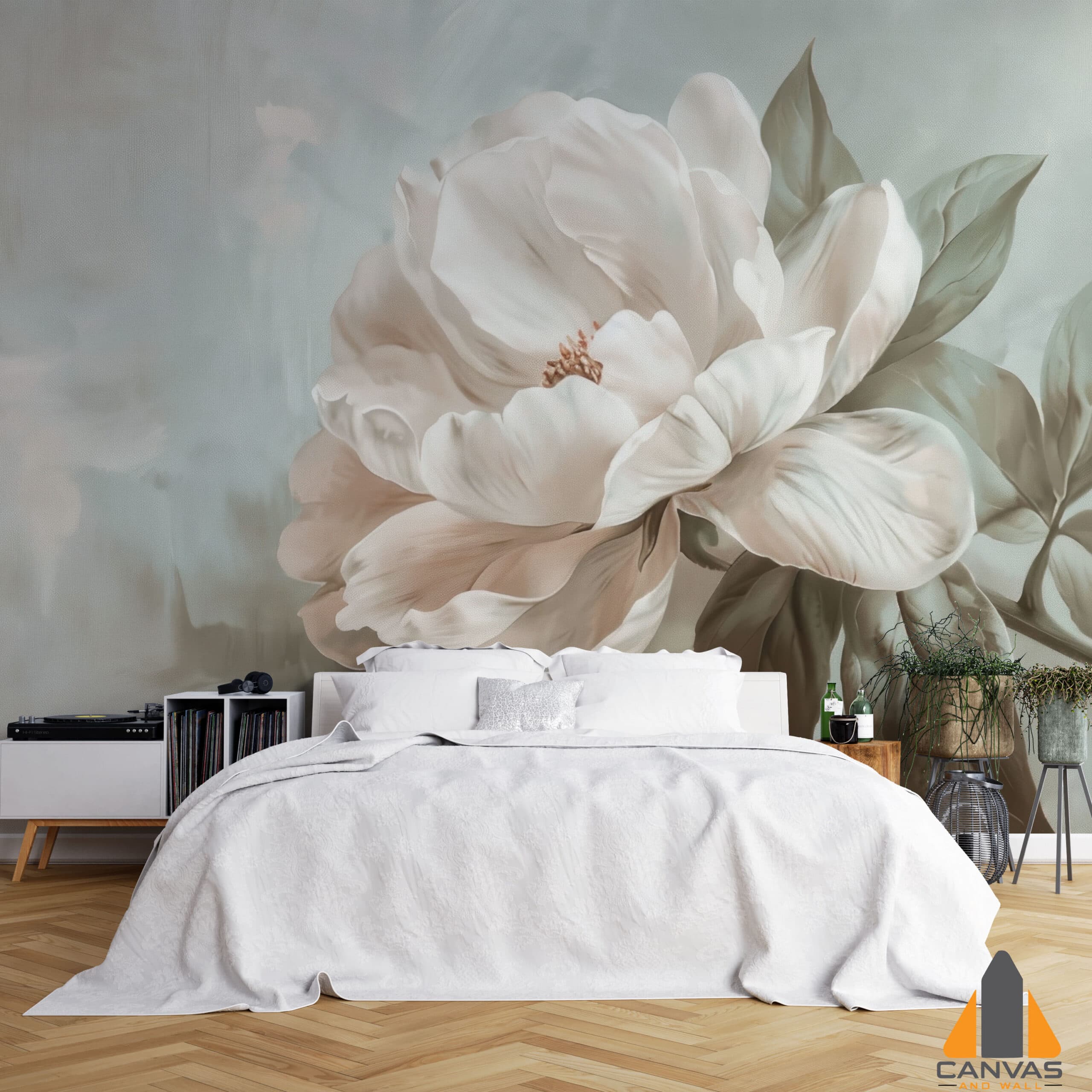 Large pale flower wall mural in a modern bedroom with white bedding, perfect for wallpaper installations in Gauteng.