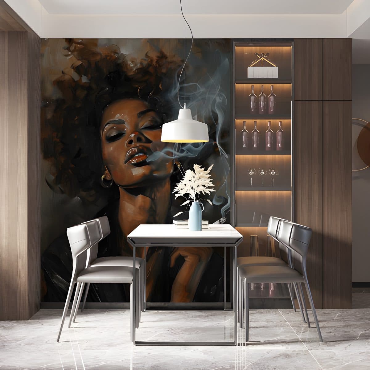 Dramatic wall mural of an African-American woman smoking in a modern dining room, ideal for wallpaper installations Johannesb