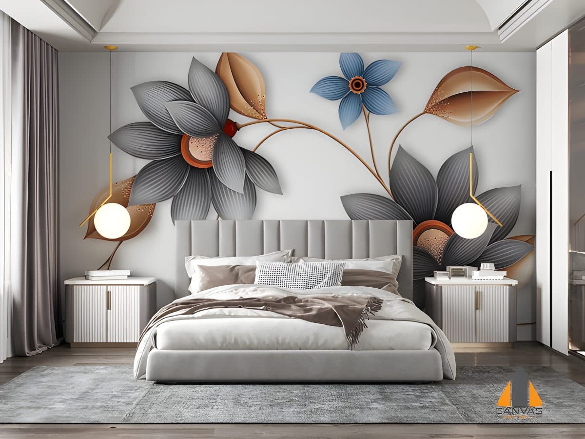Floral wall mural with gray and blue flowers in a modern bedroom, best wallpaper companies can install this