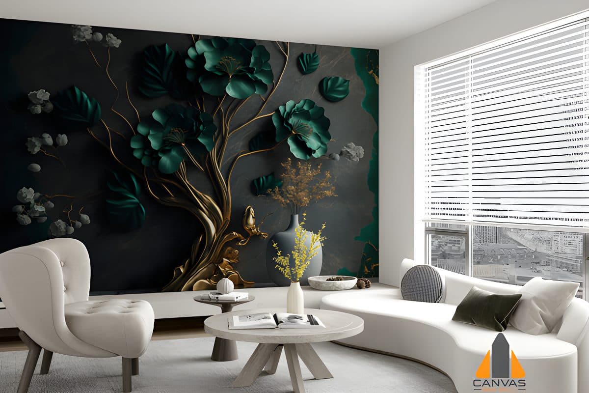 green-flowers-golden-tree-marble-background