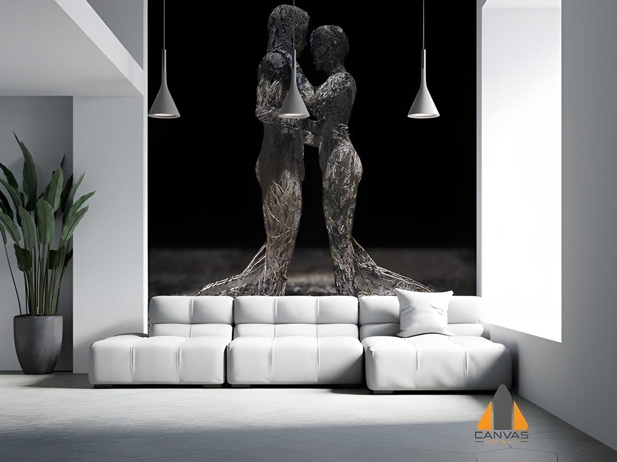 Wire-made couple wall mural in a modern living room with white sofa, completed by wallpaper installations in Gauteng.