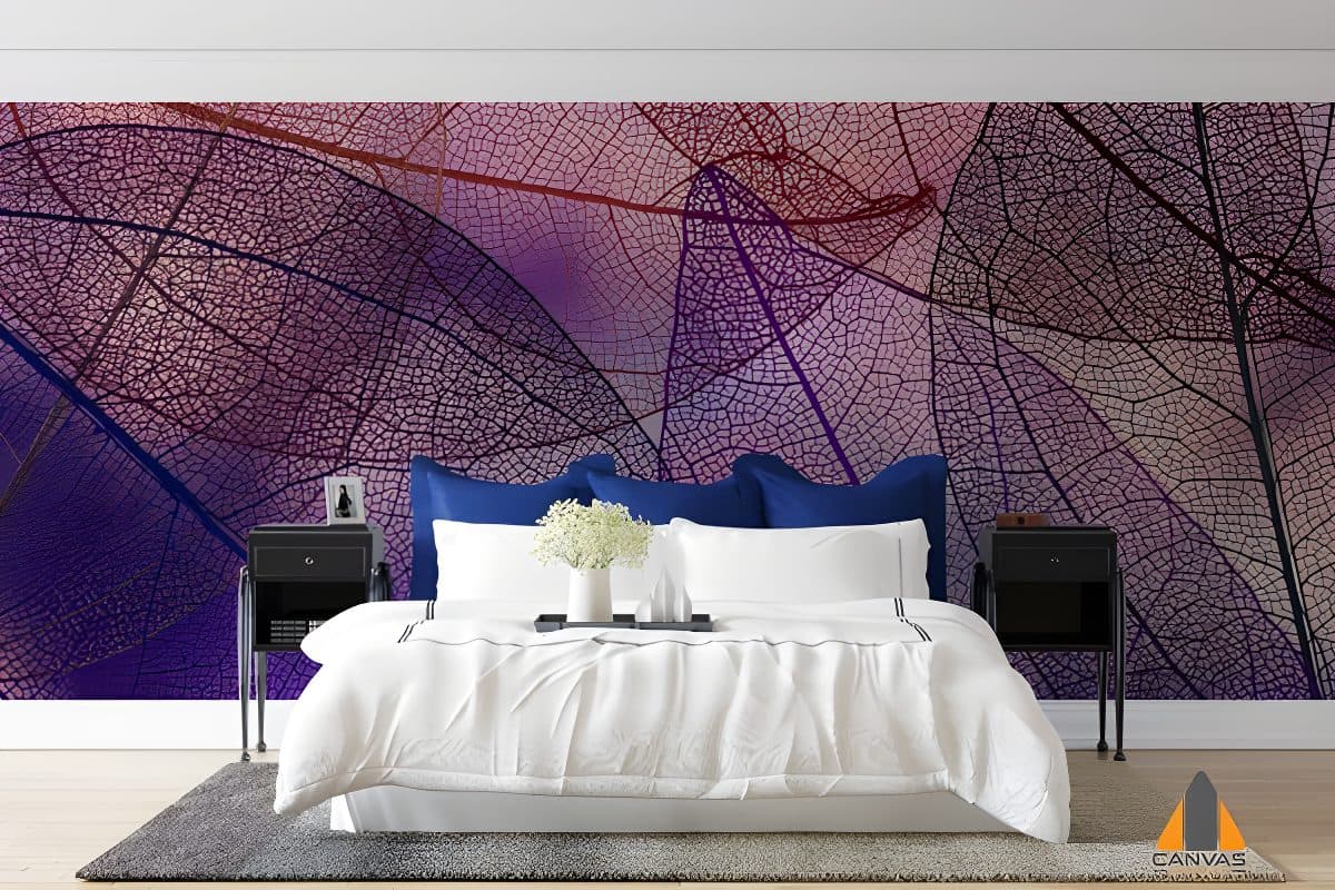 Vibrant purple-autumn leaf wall mural in an elegant bedroom, ideal for wallpaper installations in Gauteng.