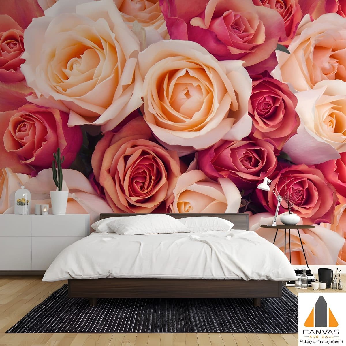 Pink and peach roses wall mural in a modern bedroom, available for wallpaper installations in Gauteng.