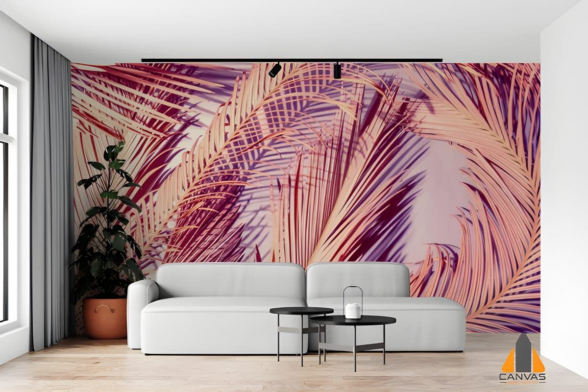 Vibrant palm branch wall mural in a modern living room, perfect for wallpaper installations in Gauteng.