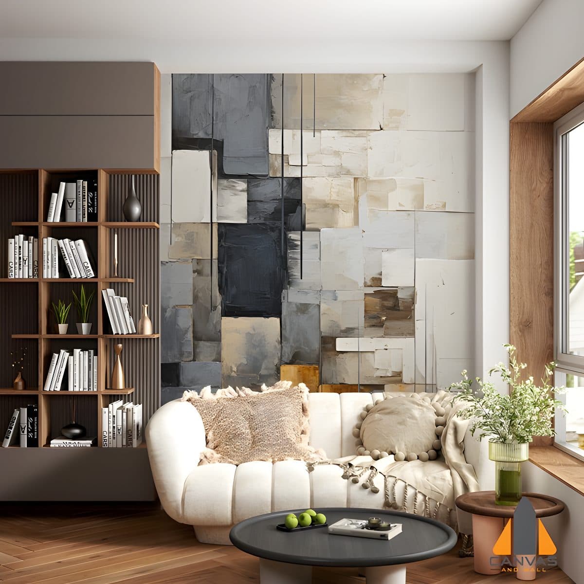 Abstract block wall mural in a modern living room, expertly installed by one of the best wallpaper companies.