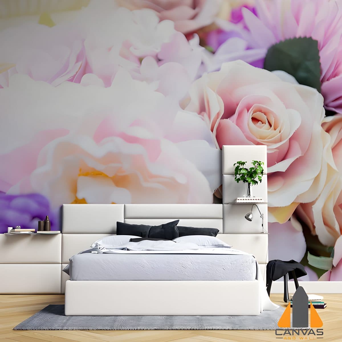 Large purple, white, and pinkish roses custom wallpaper in a modern bedroom with a white headboard.