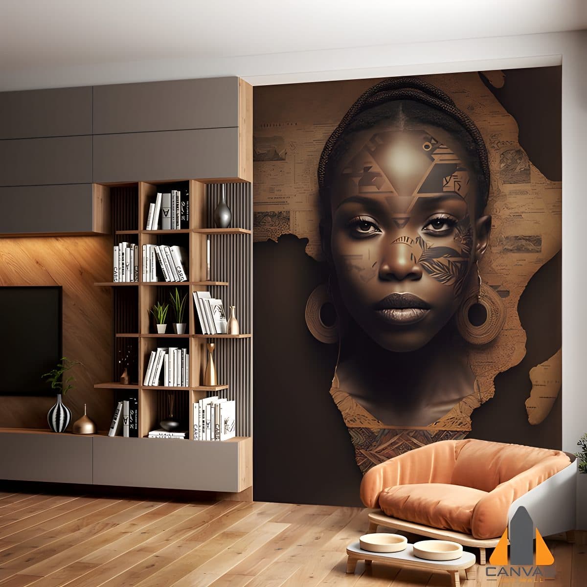 African girl wall mural in a modern living room, perfect for wallpaper installations in Gauteng