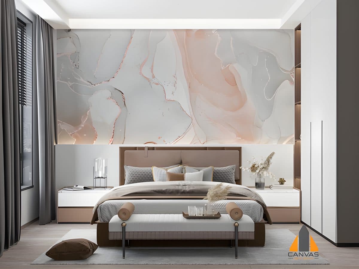 Abstract marble wall mural in a modern bedroom, showcasing expert wallpaper installations in Gauteng.