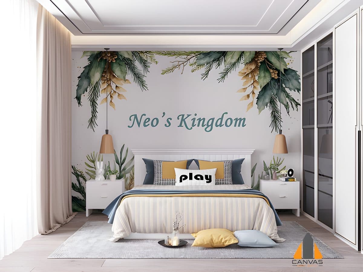 A festive watercolor Christmas frame wall mural in a child's bedroom with "Neo's Kingdom" above the bed.
